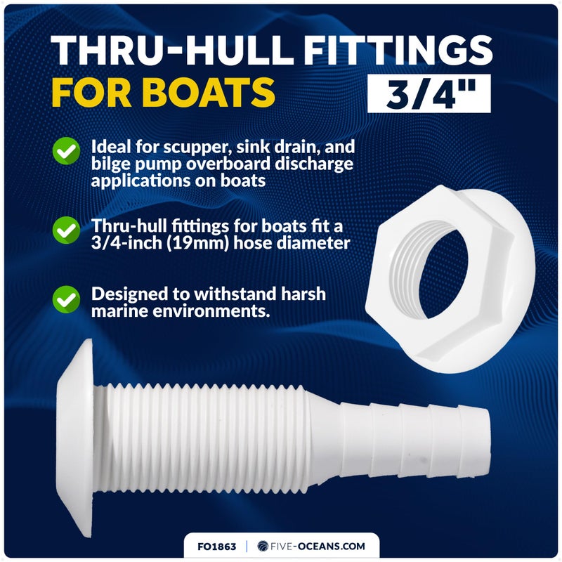 Five Oceans 3/4-Inch Thru-Hull Fittings for Boat, White Injection Molded Polypropylene, Barbed, Resist Harsh Conditions - FO1863 - Image 2